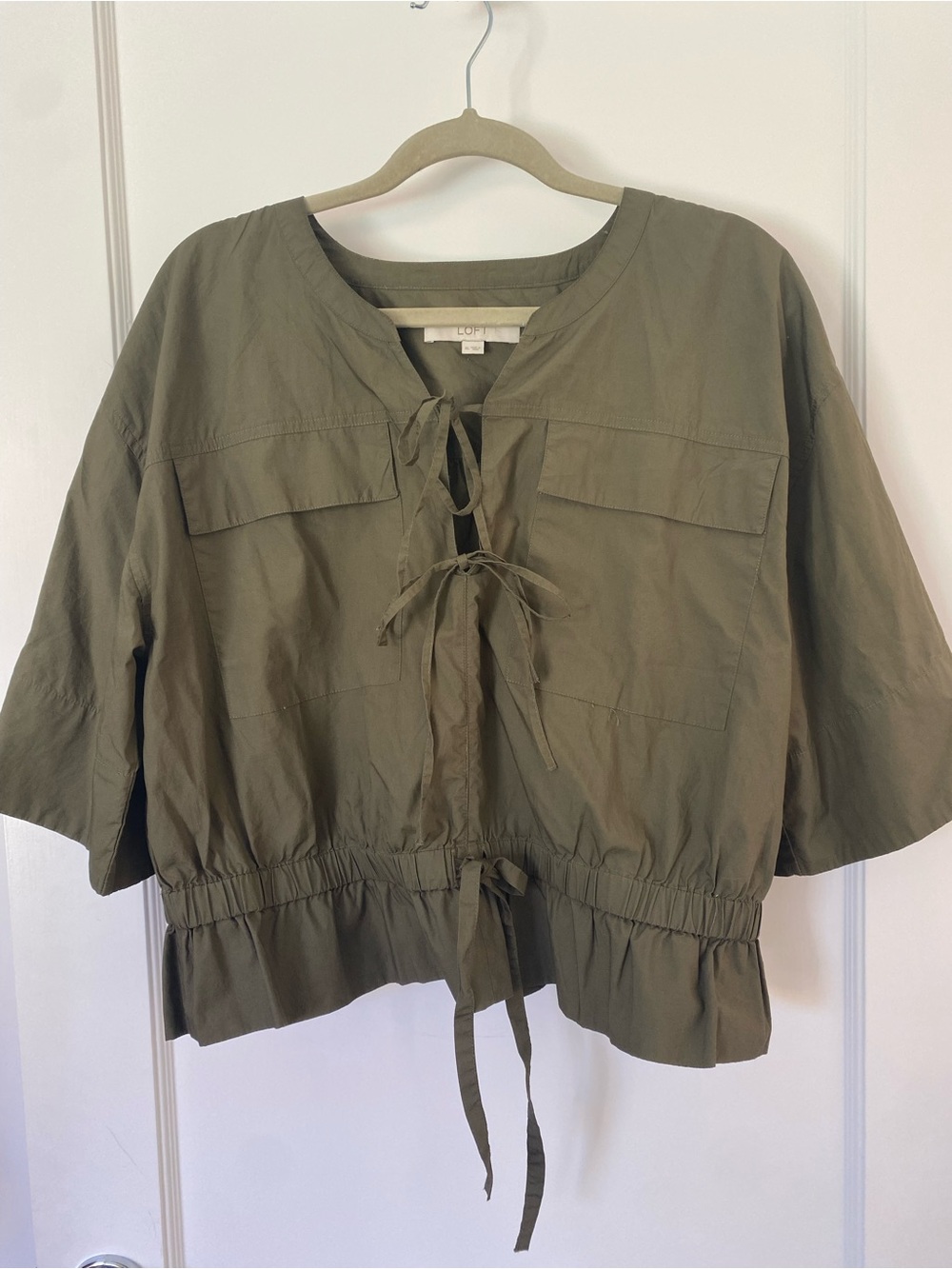 LOFT Olive Green Lace-Up Drawstring Utility Blouse